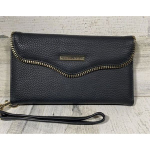 Rebecca Minkoff Cell Phone Wallet Black Pebbled Leather Wristlet Clutch Gold Zip